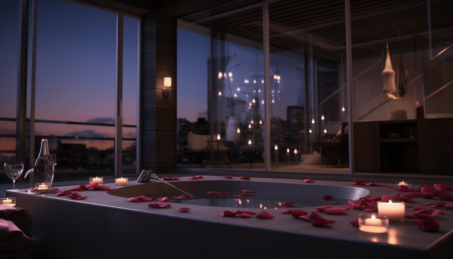 Love room avec jacuzzi rempli de pétales de rose