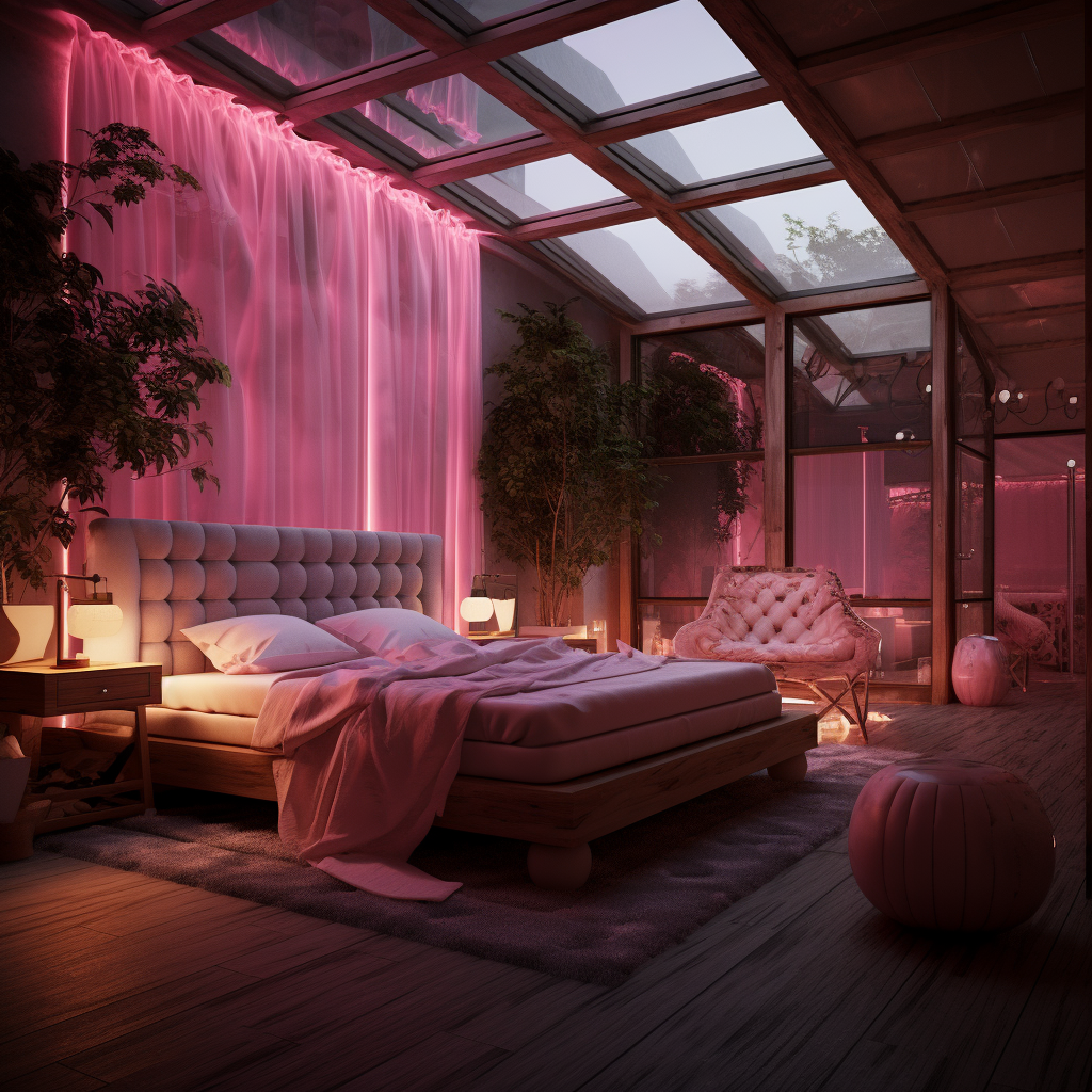 Image d'une chambre style loft romantique dans les tons roses avec un lit douillet