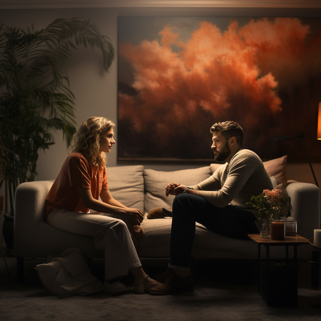 Couple discutant dans un salon