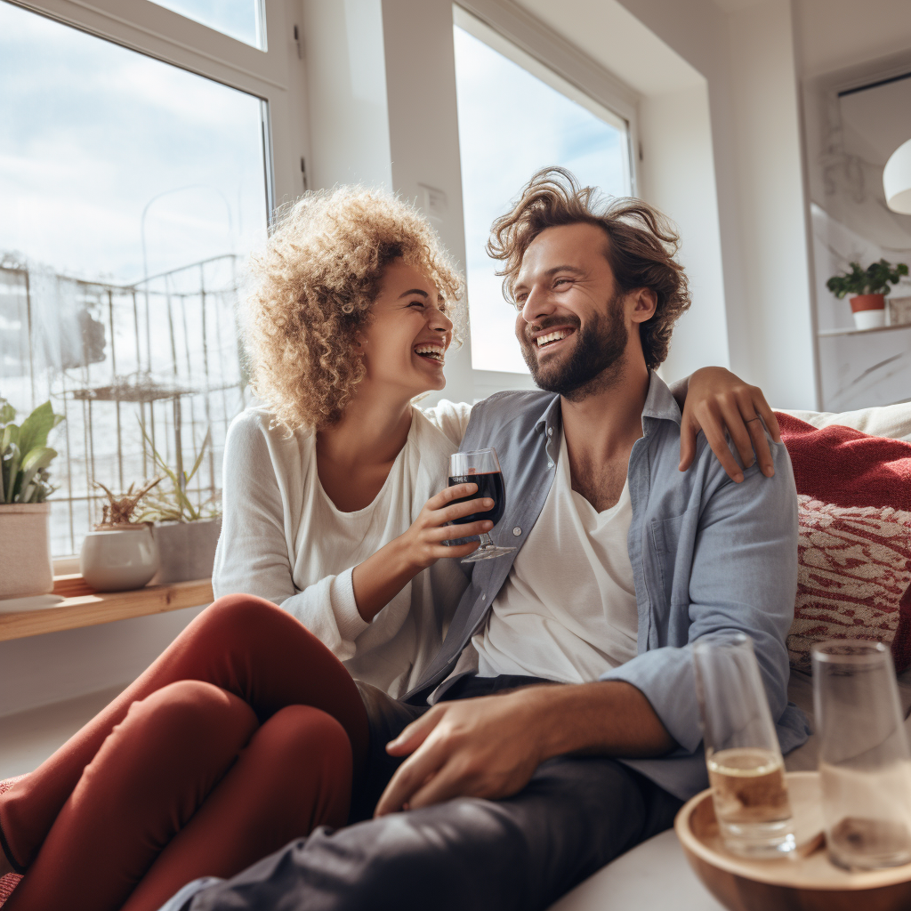 Couple d'environ 30 ans assis qui rigole entre eux tout en buvant un verre