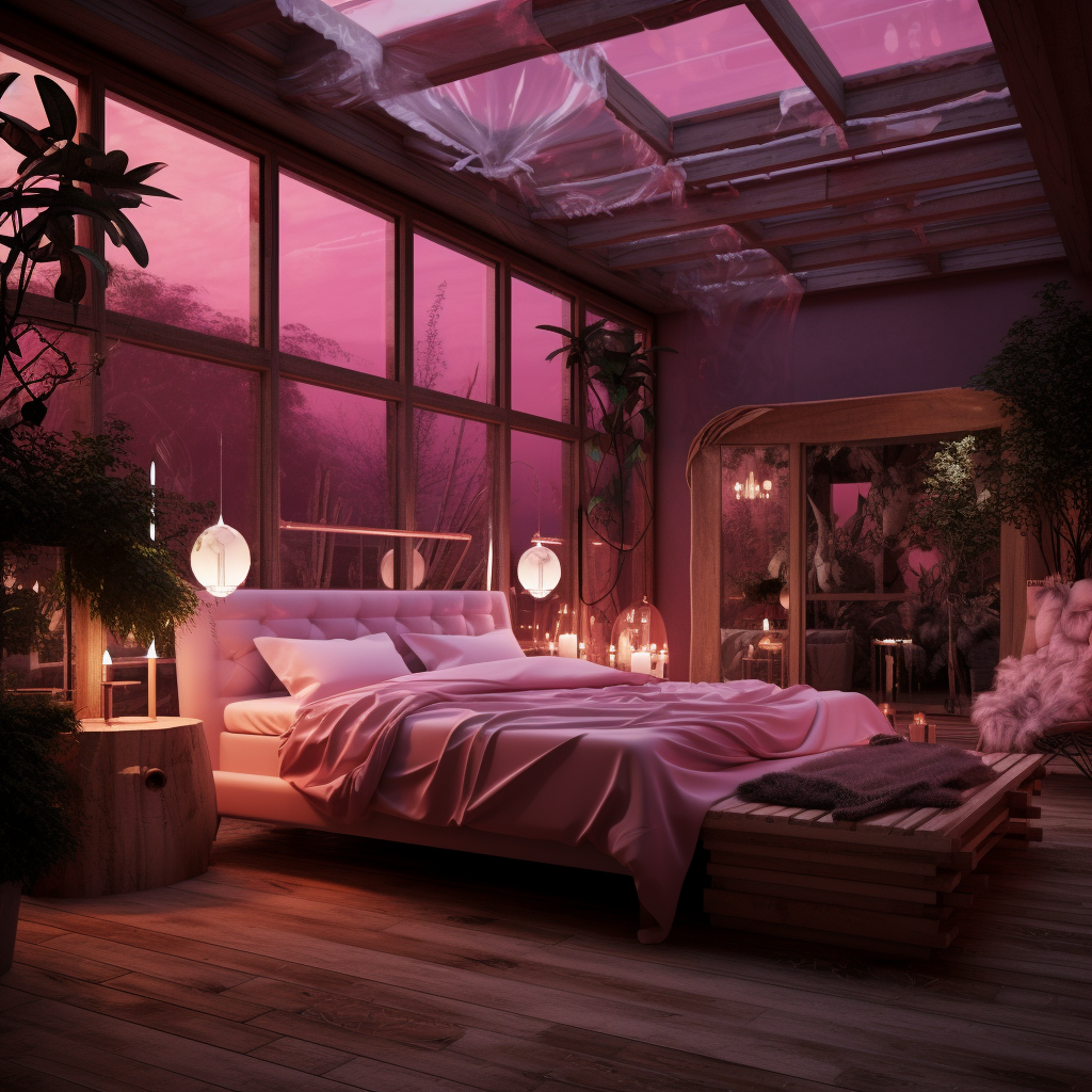 Chambre romantique et sensuelle appelée love room décorée avec des néons roses