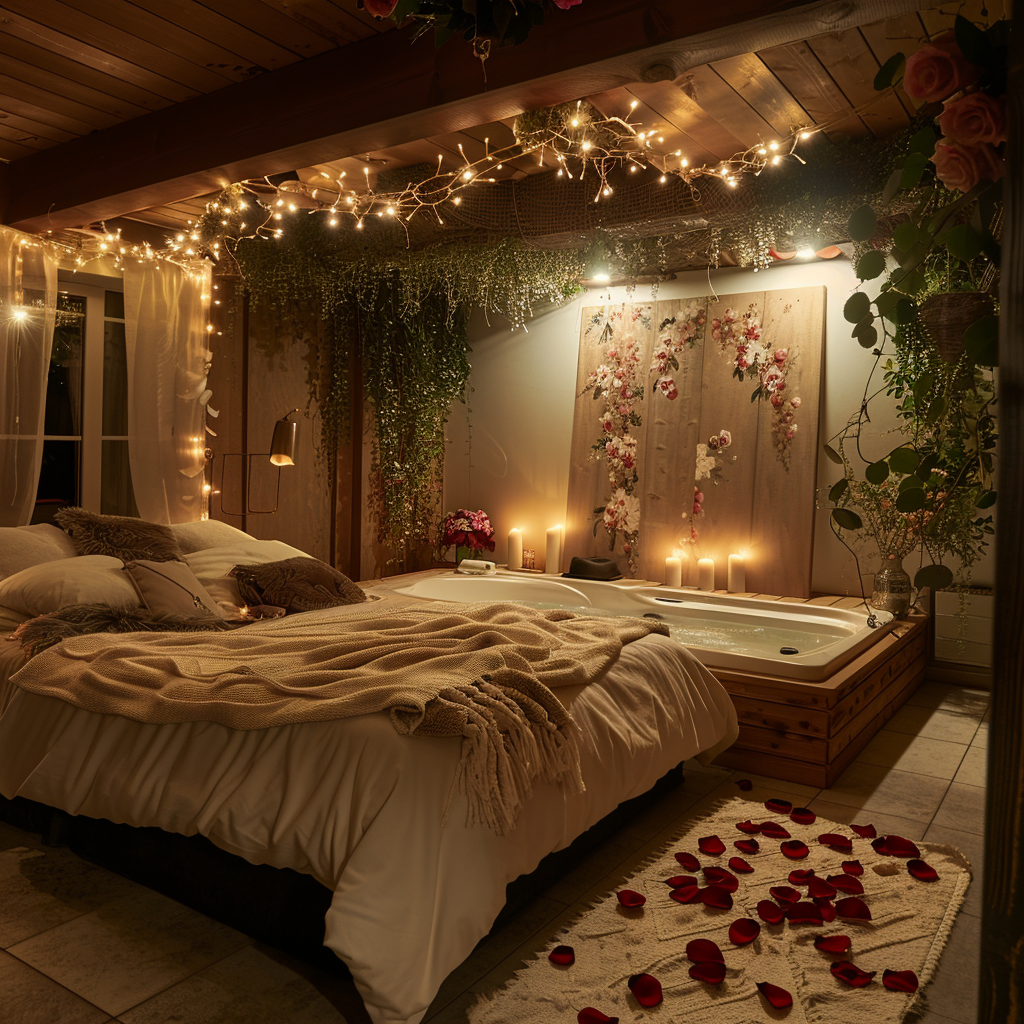 Chambre décorée dans un style romantique avec un jacuzzi privatif