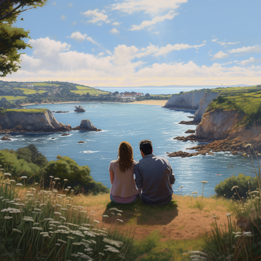Un couple de dos assis face à la mer en weekend en amoureux en Bretagne